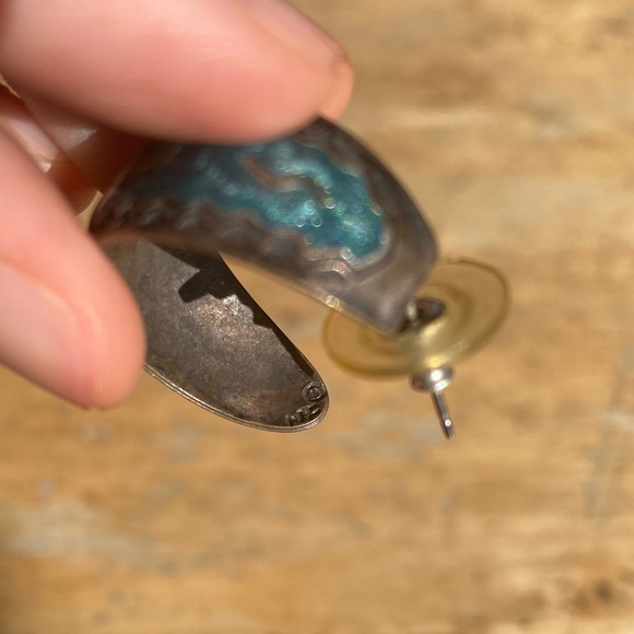 Vintage Mexican Sterling Silver Earrings – Blue Enamel Inlay, MEX Mark - Picture 4 of 6